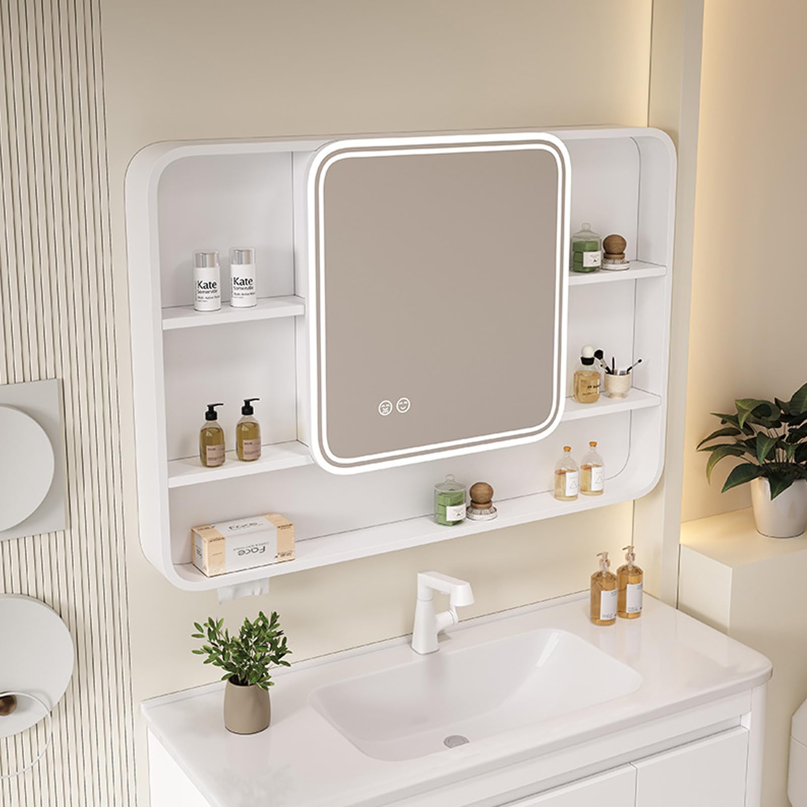 FGXHHS LED Illuminated Cabinet with Touch Controls, Fog-Free Function, and Spacious Storage - Stylish Rectangle Design for Smart nization