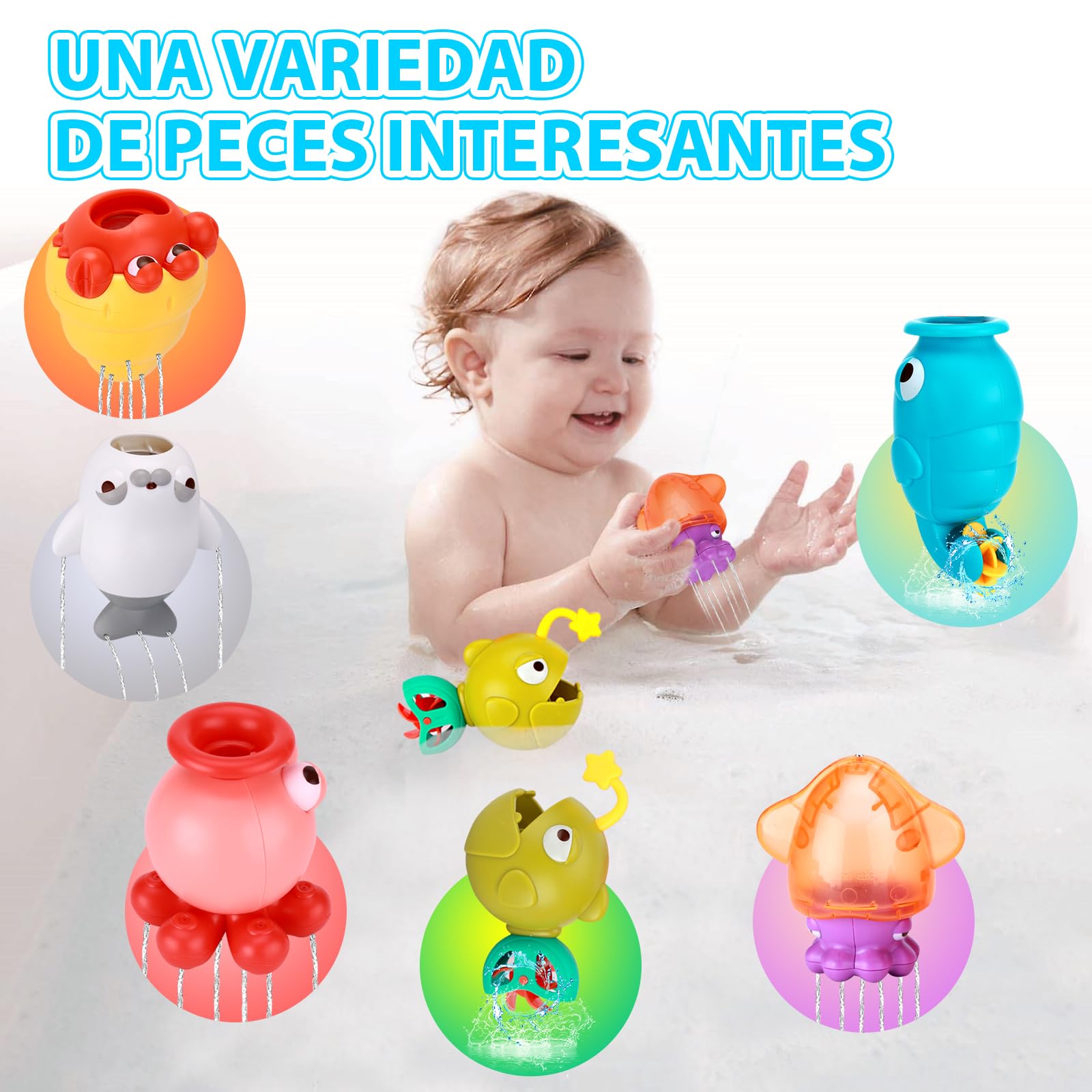 VBACALA Juguetes de Baño Bebe de 1 2 3 Años,Juguete de Bañera Juego de Pesca, Juguetes Baño con Cañas de Pescar Pistolas de Agua Red de Pesca Imán Peces Agua Juguete Niños Juguete Regalo Niña Niño