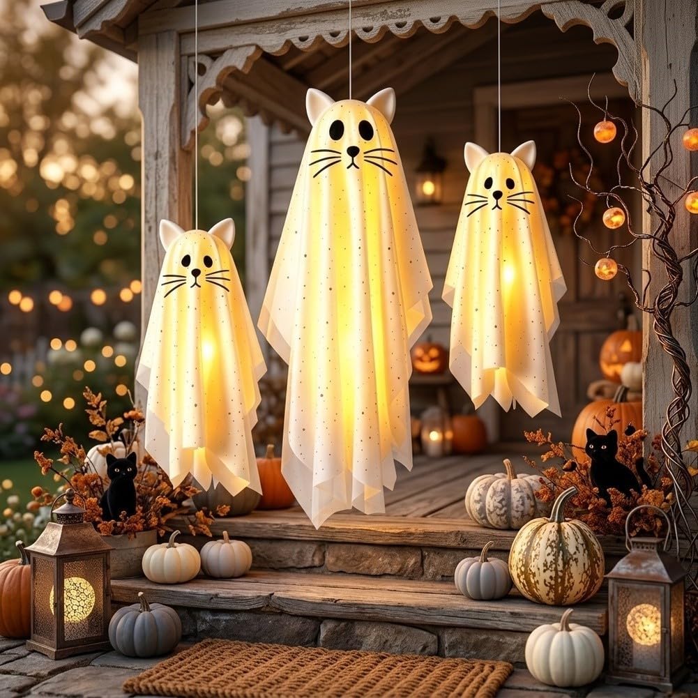 3 Stück Halloween Hängefiguren Katze mit Licht