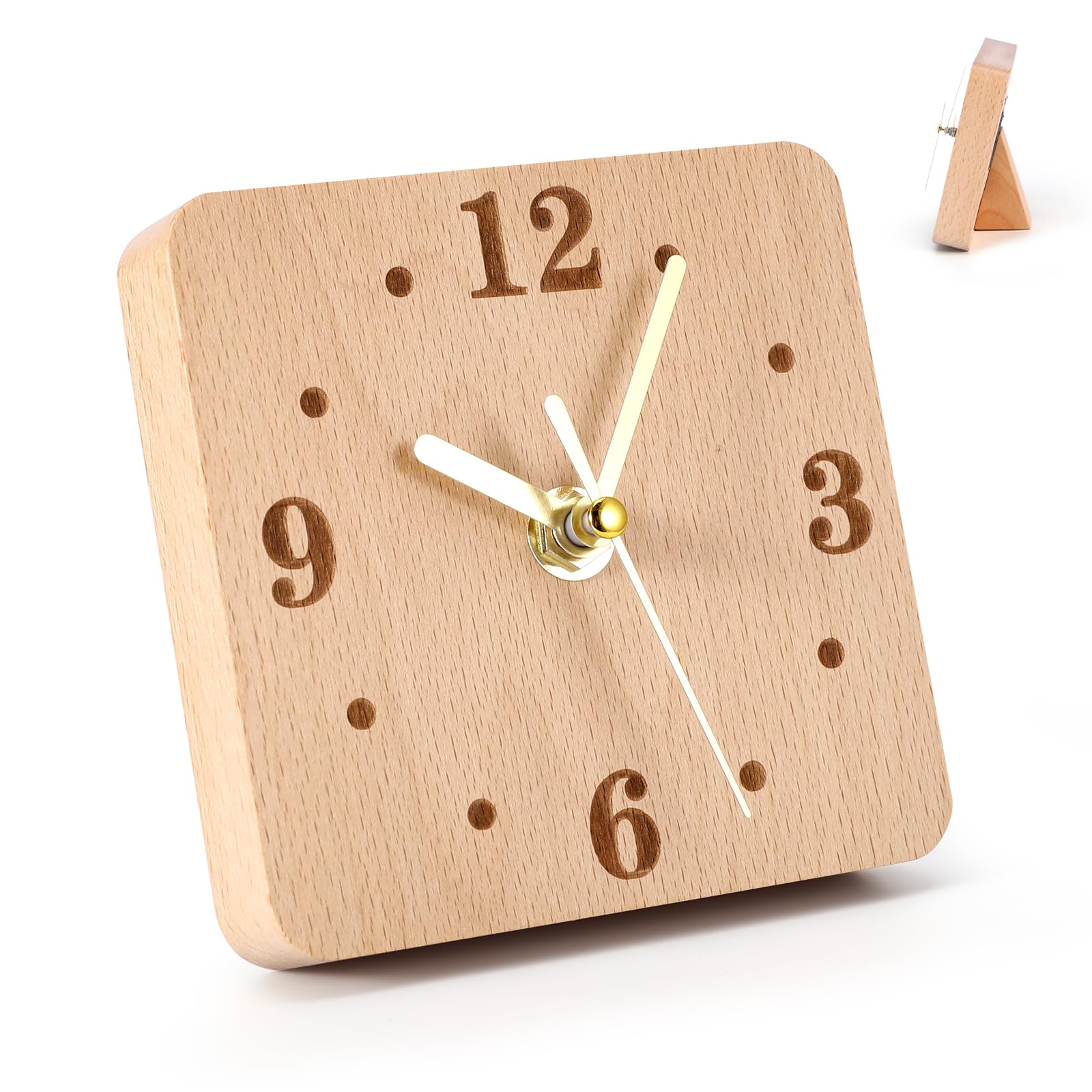 ZONJIE Reloj de escritorio de madera, silencioso, sin tictac, reloj analógico de 11 cm de diámetro para estante, mesa, mantel o mesita de noche, reloj de mesa pequeño decorativo para el hogar, reloj