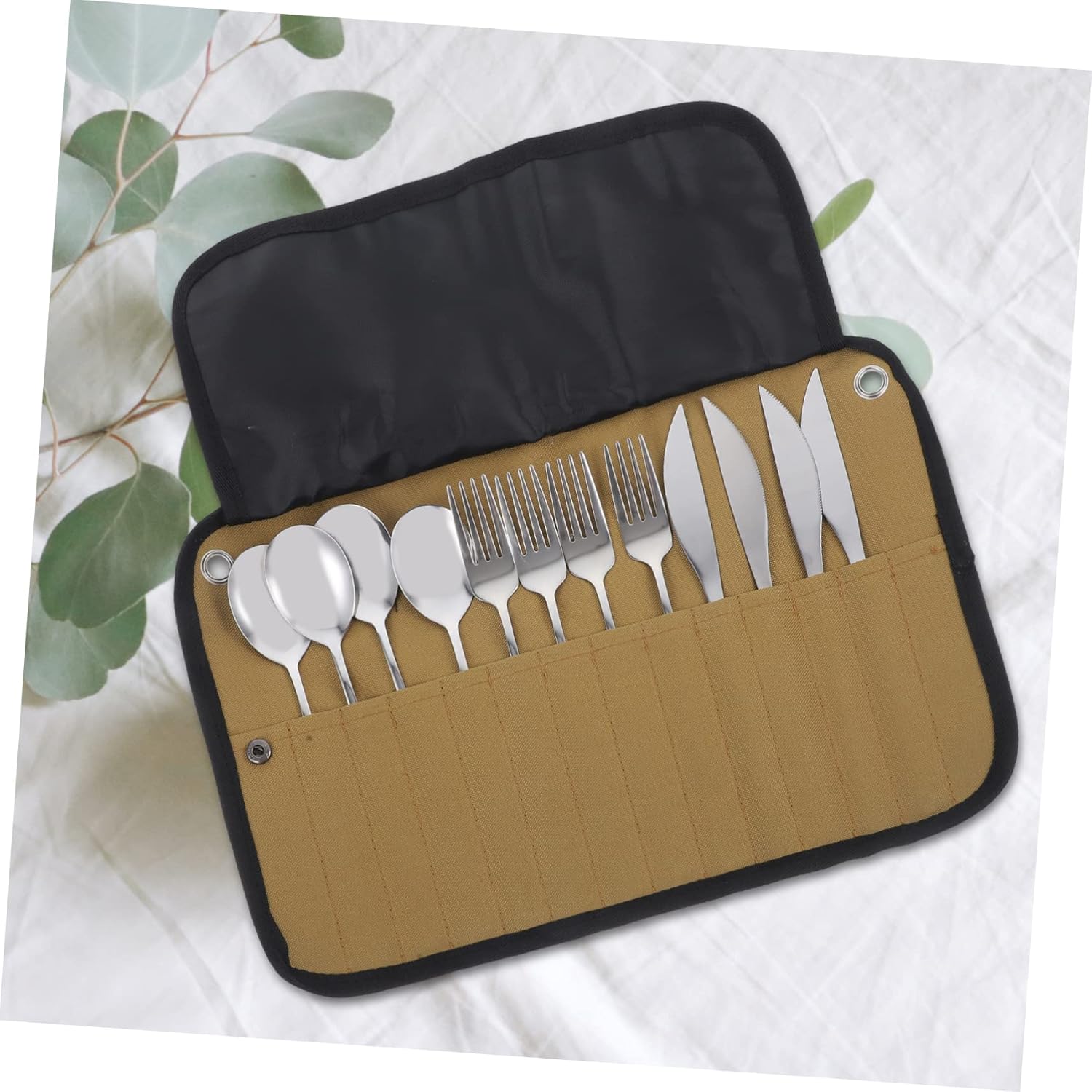 KICHOUSE Camping Utensil Set with Organizer Bag Portable Dinnerware Kit for Outdoor Activities Includes Chopsticks Spoon Fork for Picnics Hiking and Barbecues