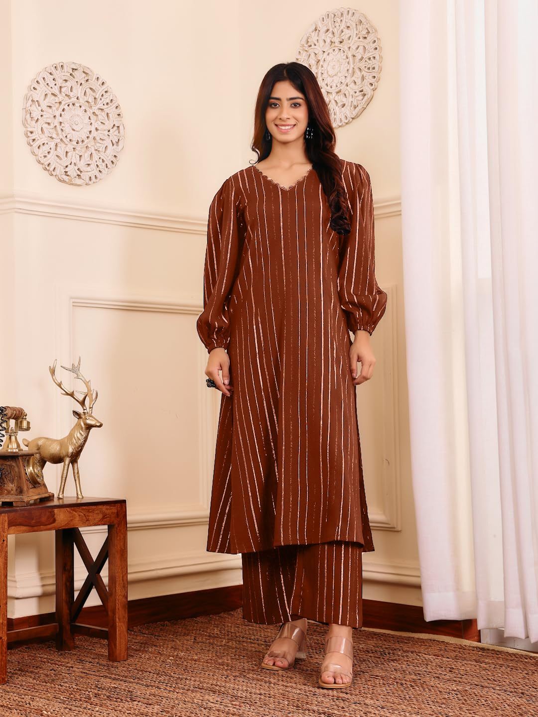 Varanga Women Brown Lurex A- Line Kurta With Trousers