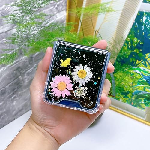 Miniatura 6 de Abbery Funda transparente para Samsung Galaxy Z Flip 4 5G con diseño, lindo diseño floral, estrellas, luna brillante, TPU y PC, transparente secado