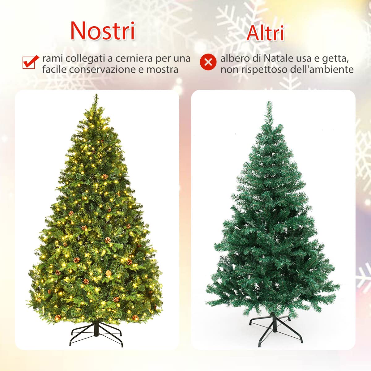 COSTWAY Albero di Natale 210/225/240 cm, Albero di Natale con 460/540/600 Luci a LED Bianco Caldo, 925/1125/1335 Rami e Pigne, Decorazione Natalizia per Casa e Negozio (210cm)