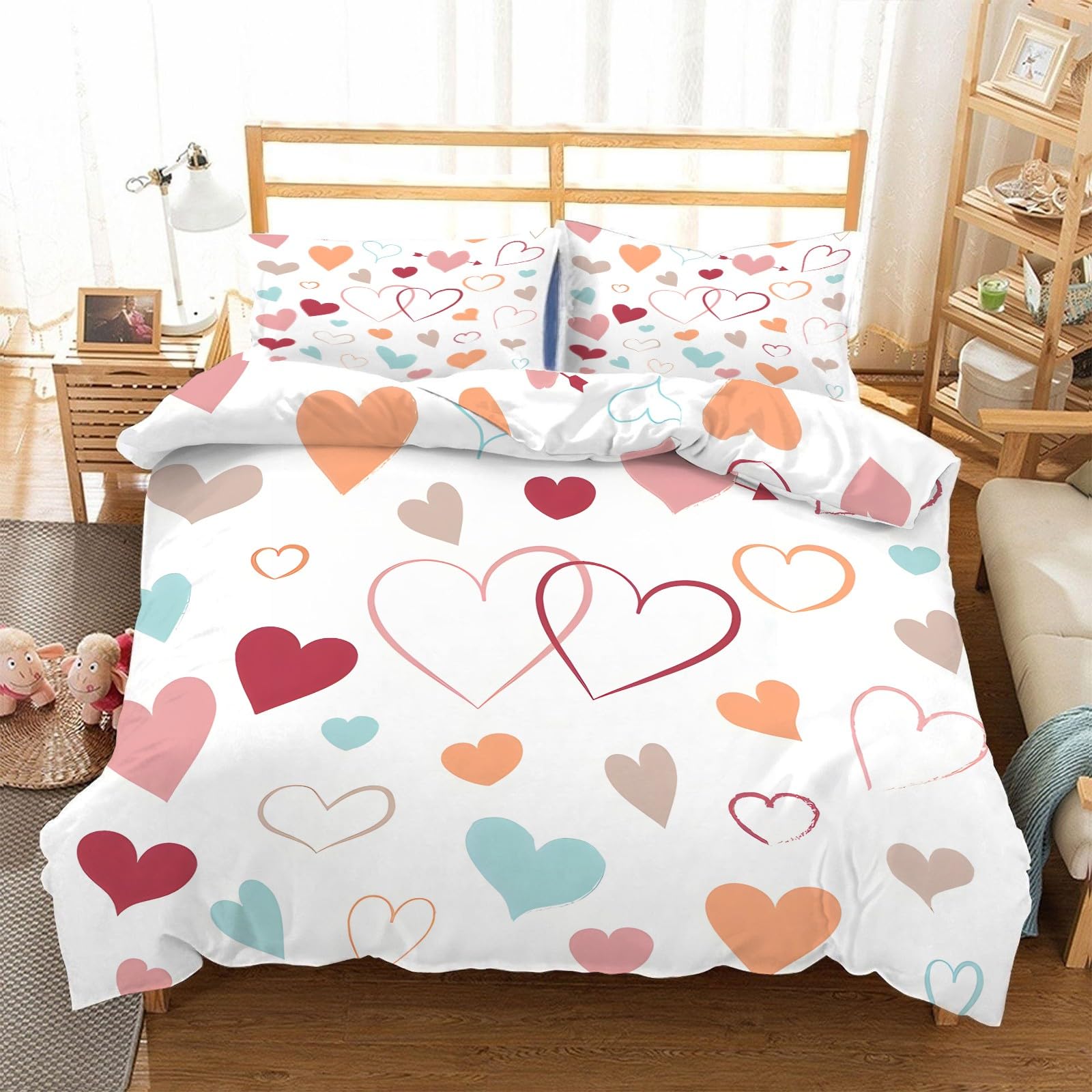 YZQGLHP Pink-Red Heart Duvet Cover Set Orange-Blue 3D Print European Double Bedding 160x200 cm Easy Care Soft Microfiber Duvet Cover with Zip Closure and 2 Pillowcases 50x75 cm