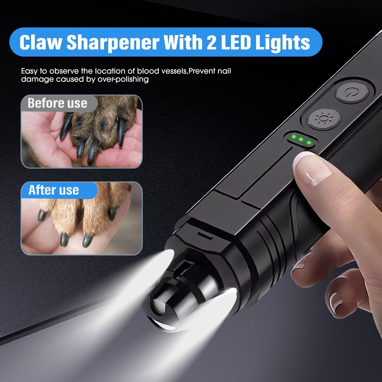 Lima de Uñas para Perros,Eléctrica Lima de Uñas Gatos y Perros de 3 Velocidadesm,Lima de Uñas Perros Silencioso con 2 LED&Tapa Antipolvo, Cuidado y Alisado de Patas para Perros y Gatos