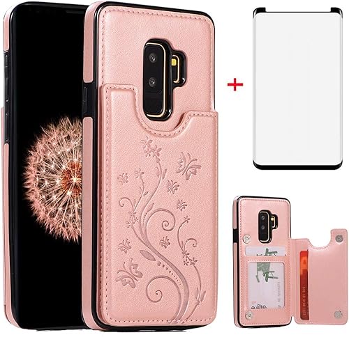 Funda de teléfono para Samsung Galaxy S9 Plus con protector de pantalla de vidrio templado y tarjetero con soporte de cartera, accesorios de