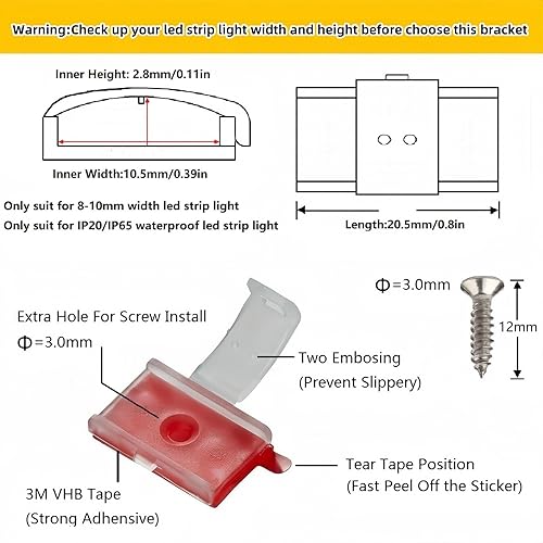 Miniatura 9 de Threetwofour Clips de tira de luz LED, soportes de montaje autoadhesivos, abrazadera de cable para tira de luz LED IP65 de 8 a 0.394in de ancho,
