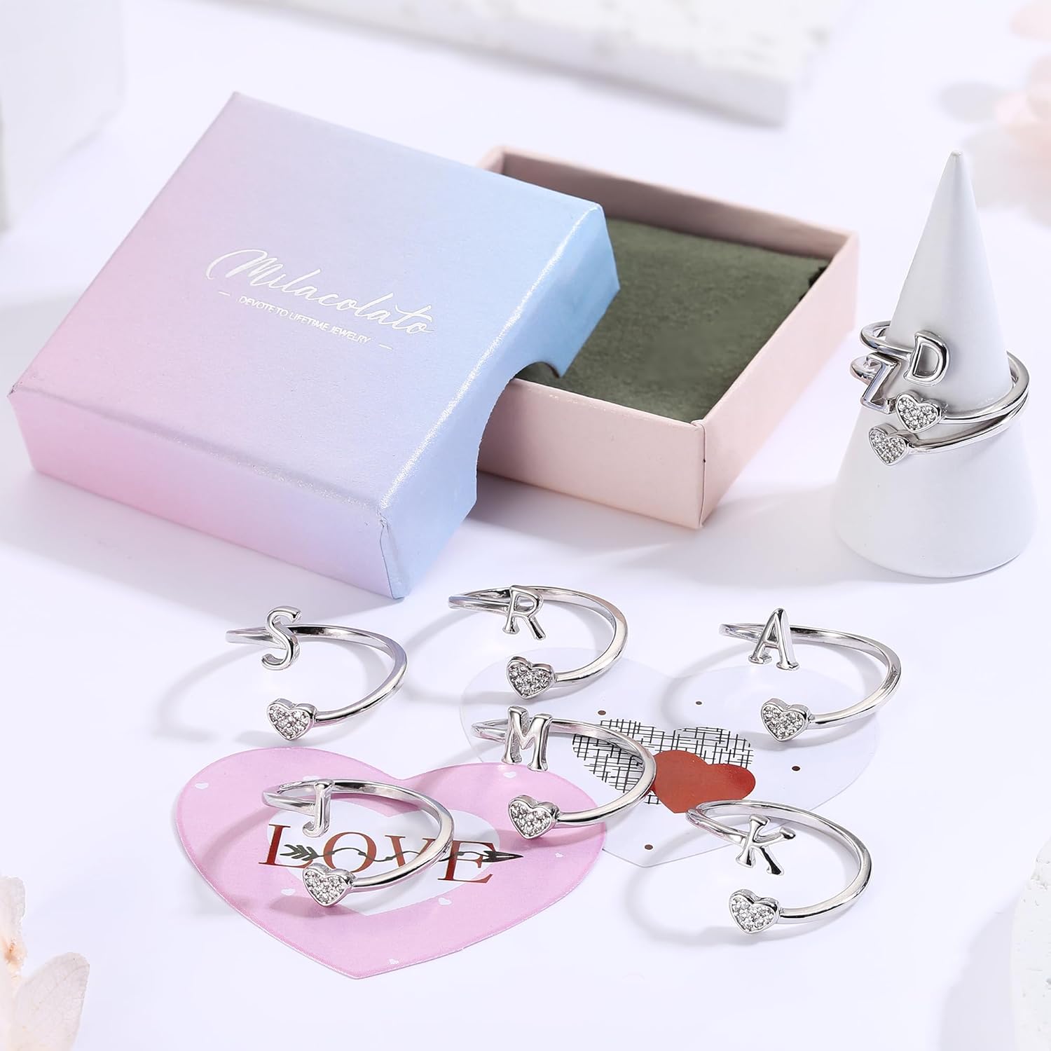 MILACOLATO Valentine's Day Gifts - 925 Sterling Silver Initial Rings for Women Teen Girl 18K Gold Plated Heart Letter Rings Adjustable Capital Letter Ring Stackable Thumb Pinky Rings for Mothers Daughter Birthday Bridesmaid Gifts Jewelry - Image 5