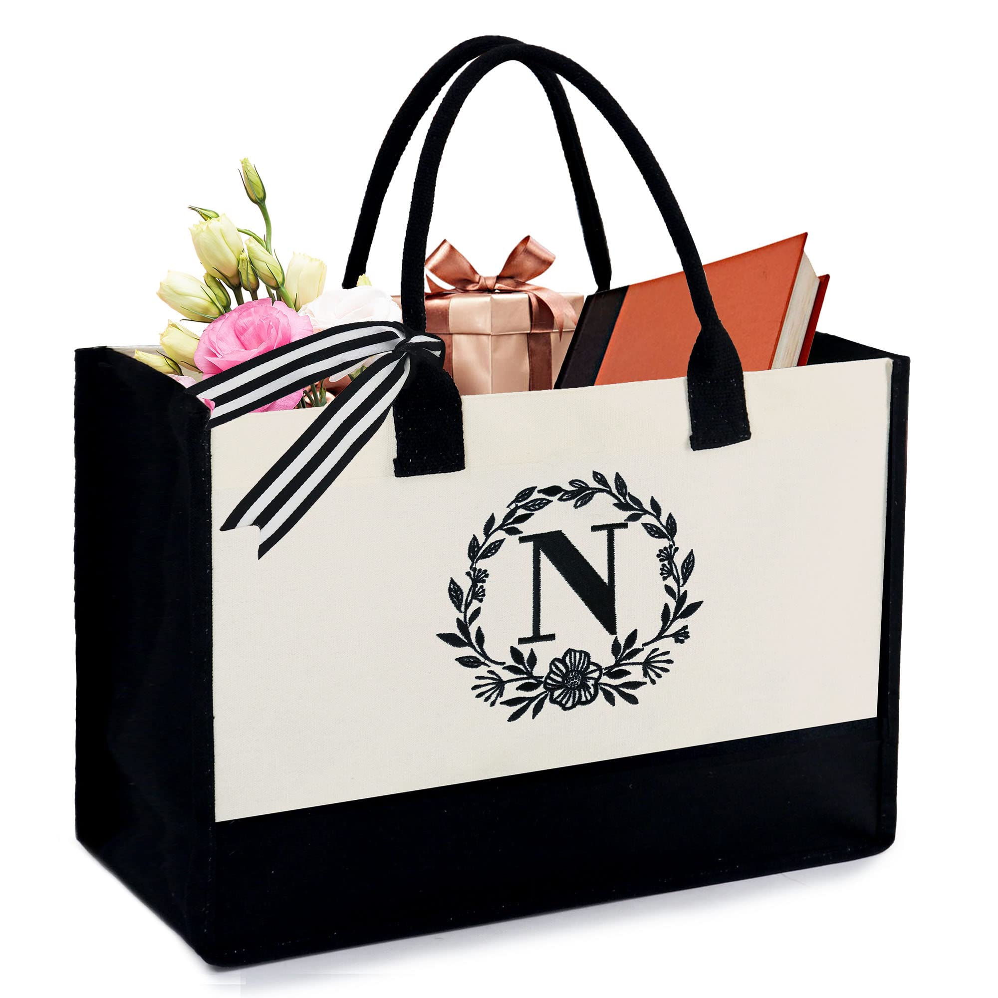 BeeGreen Embroidery Monogram Initial Tote Bag for Women Teacher Mom Friend Personalized Gift for Birthday Beach Wedding Work