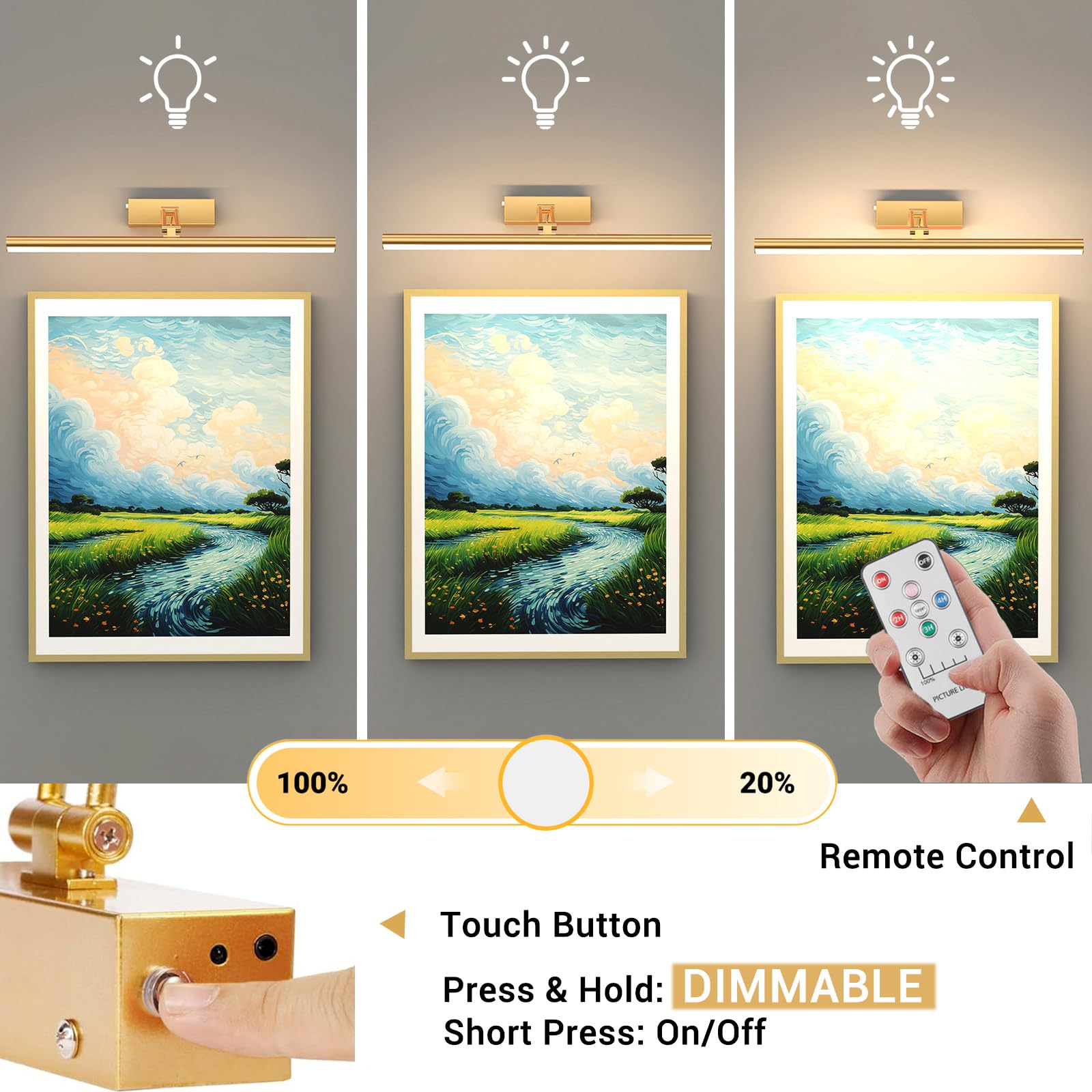 Mocalido 2 Pack Picture Light Battery Operated for Wall, 16in Wireless LED Art Light for Painting with Remote, 5200mAh Dimmable Frame Lights for Gallery Library, Brass