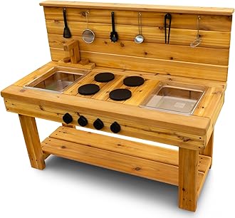Noble Toys XL Cedar Outdoor Mud Kitchen Centered with Backsplash and Stovetop for Toddlers Kids | Pretend Play Table | Sensory Table | Outside Playset | Real Wooden Kitchens | Preschool Equipment