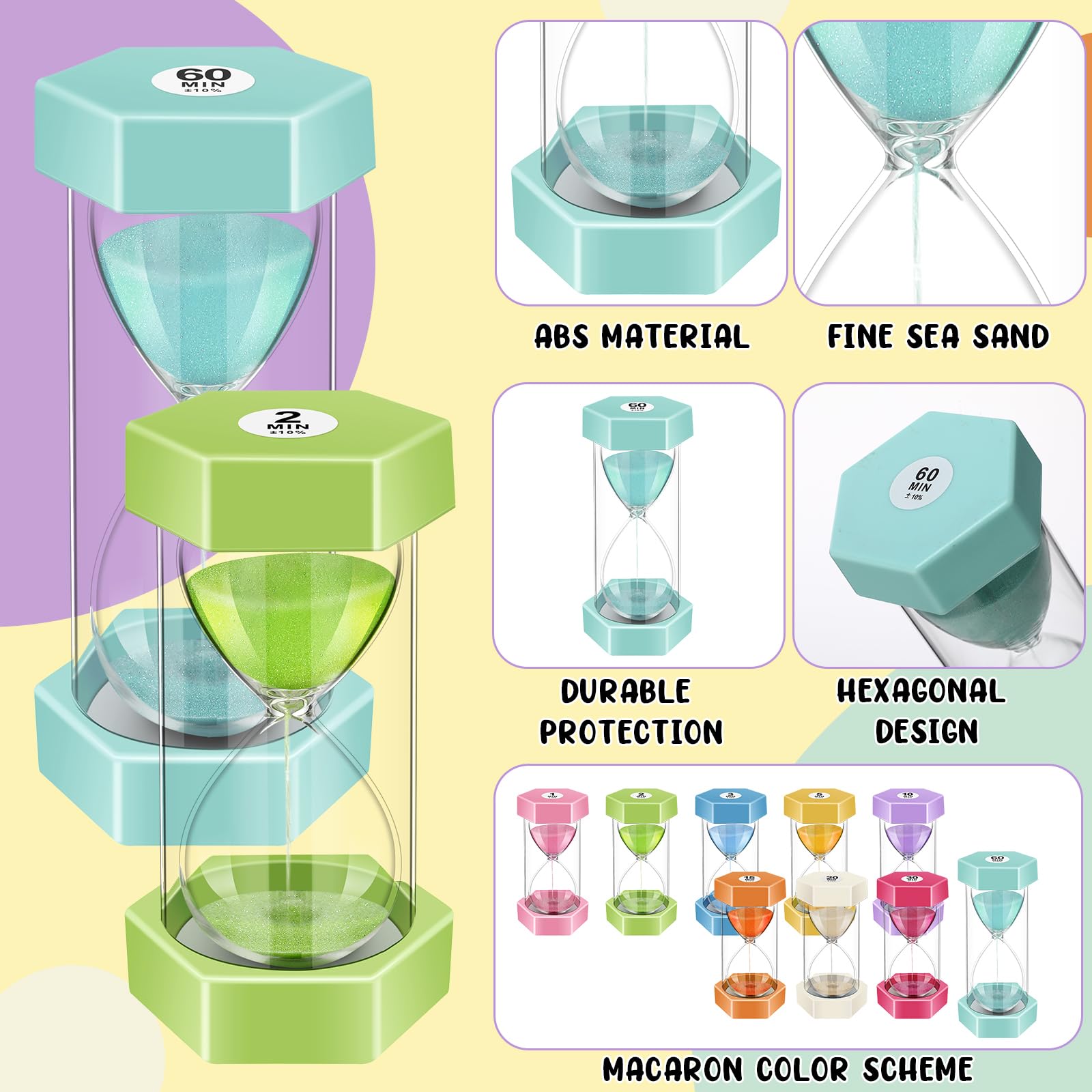Yunsailing Set di 9 clessidra colorate con sabbia da 1/2/3/5/10/15/20/30/60 minuti, per bambini, in plastica, per aule, casa, ufficio, cucina, giochi (colori macaron)