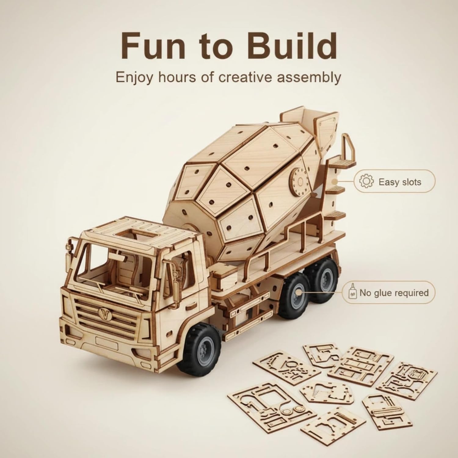3D Wooden Puzzle Cement Mixer, Pull-Back Construction Vehicle Assembly Kit with Rotatable Mixing Drum,Wood Craft Gift for Adults, Men and Teens