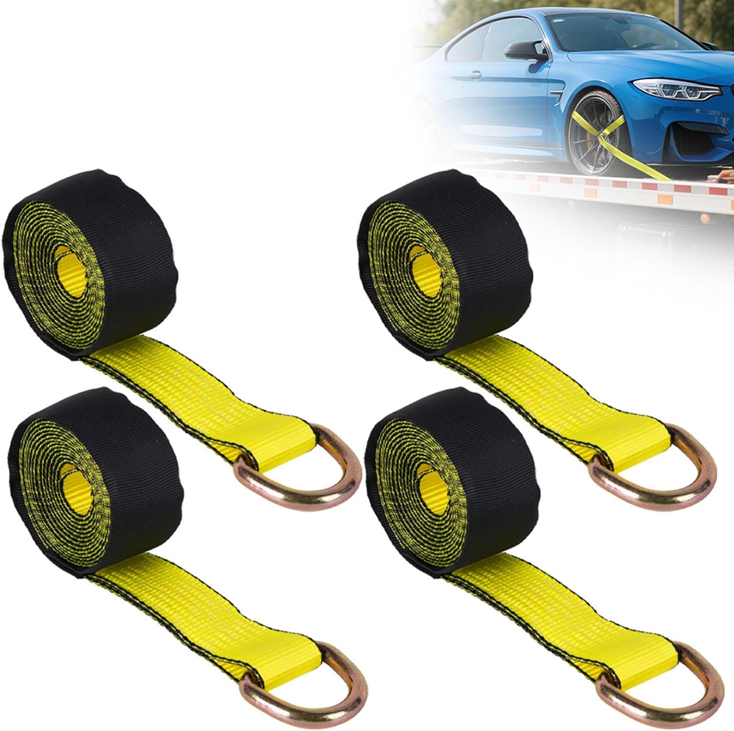 4 Pack Heavy Duty 2 Inch Tire Straps 11000LB Capacity for Secure Vehicle Transport Tow Strap with D