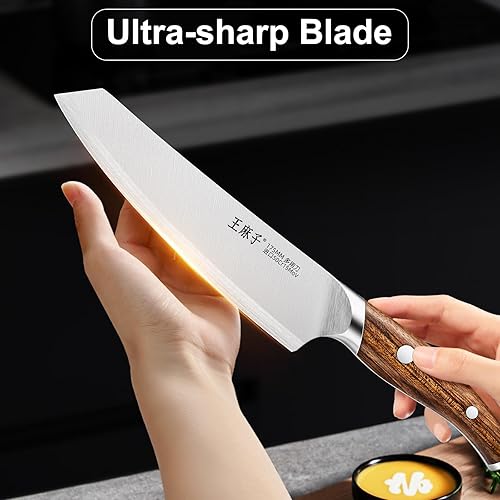 Miniatura 6 de Cuchillo de cocina universal alemán de acero inoxidable, hoja afilada, mango ergonómico de madera, multiusos, más de 300 años de marca (7 pulgadas,