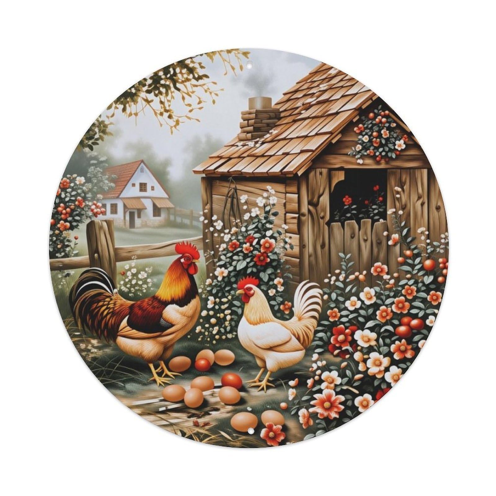 Rustic Farm Rooster Hen Floral Round Sign Vintage Aluminium Metal Sign, Retro Wall Decor for Home, Bar, Garage & Farmhouse 20x20cm