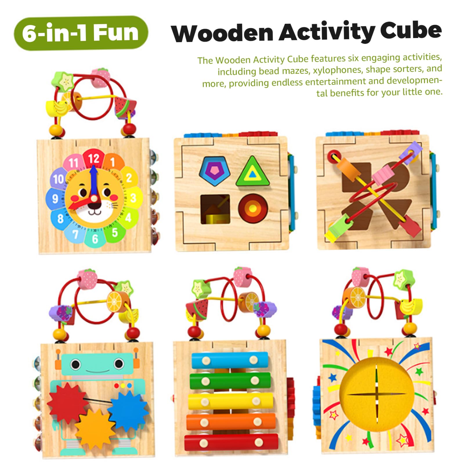 Cubo di attività in Legno: 1 Set 6 in 1 attività Multifunzionale per Bambini, apprendimento educativo, sensoriale, Vacanze per Bambini