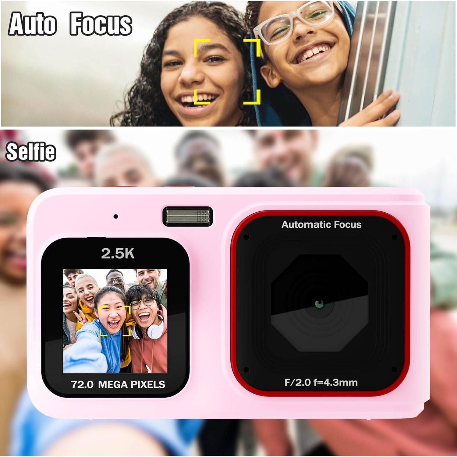 Demonstration of the autofocus feature and selfie mode on the Sheawasy SHXJ-02 Digital Camera, showing focus frames on faces and a group selfie.