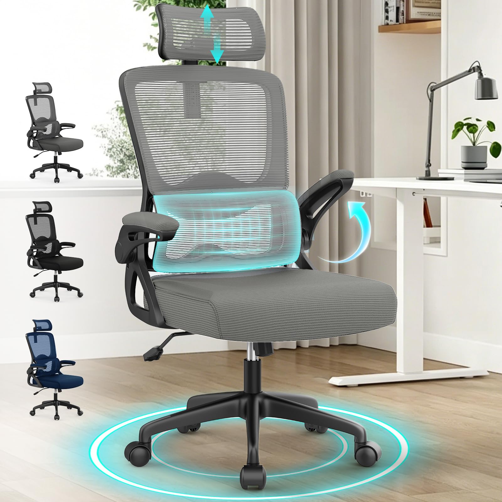 YONISEE Office Chair, Ergonomic Desk Chair -Dual Backrest Design with 2D Lumbar Support & Adjustable Headrest. Swivel Computer Chair with Flip-up Padded Armrest, Thickened Seat for Home/Work/Gaming