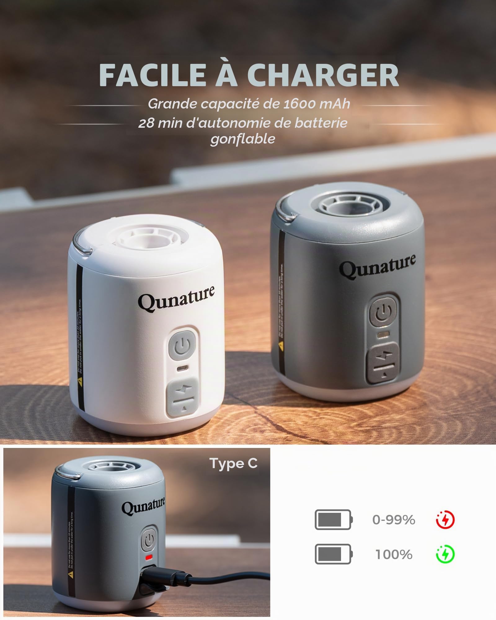 Pompe Électrique Portable 4500Pa avec Lampe LED et Diffuseur, Pompe pour Matelas Pneumatique 180 L/Min, Batterie 1600 mAh, Gonflage et Dégonflage Rapide pour Matelas Gonflable, Camping
