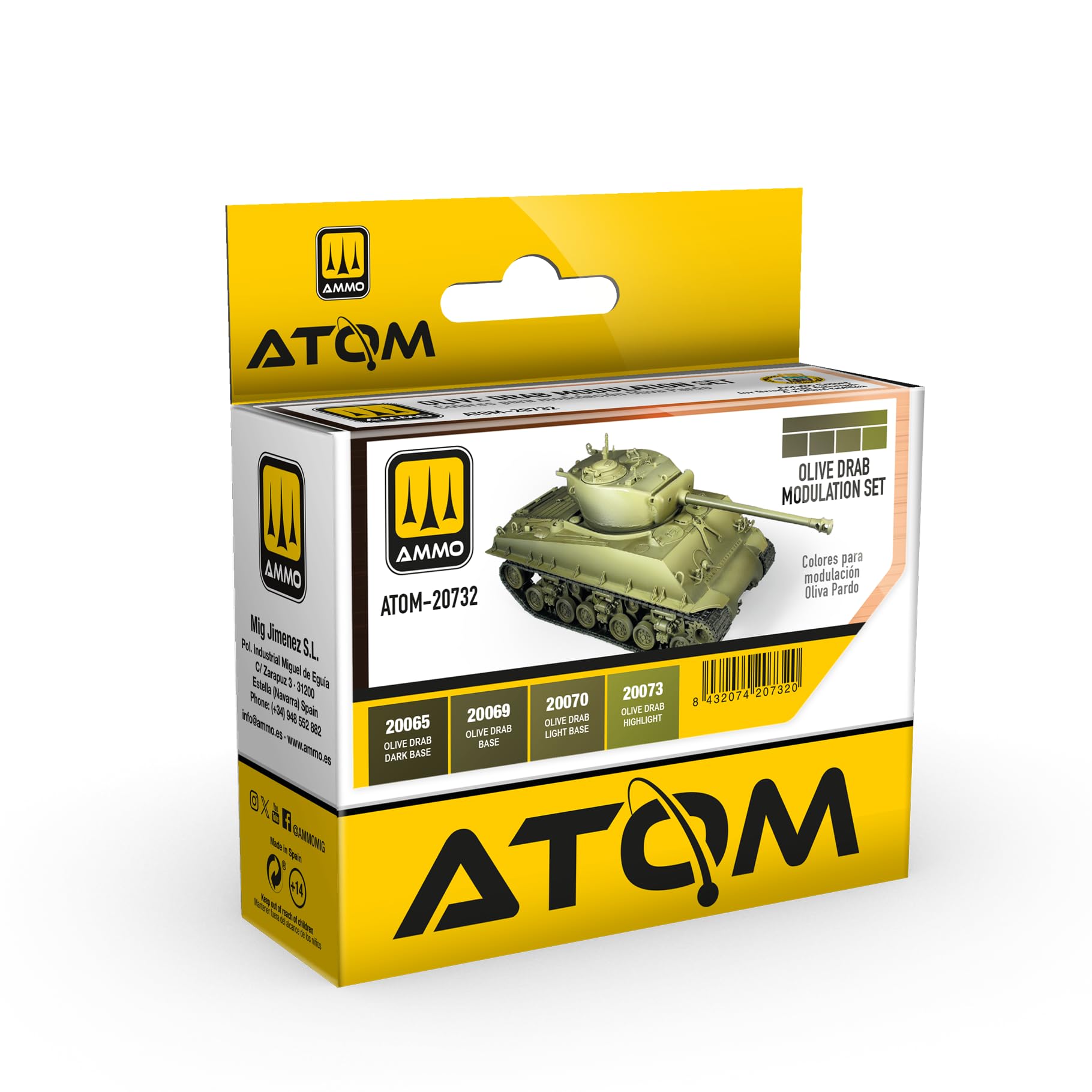 Mig Jimenez AMMO ATOM Olive Drab Modulation Set, 4 x 20ml Bottles, Matt Finish, for Scale Model Painting with Brush and Airbrush, Model ATOM-20732