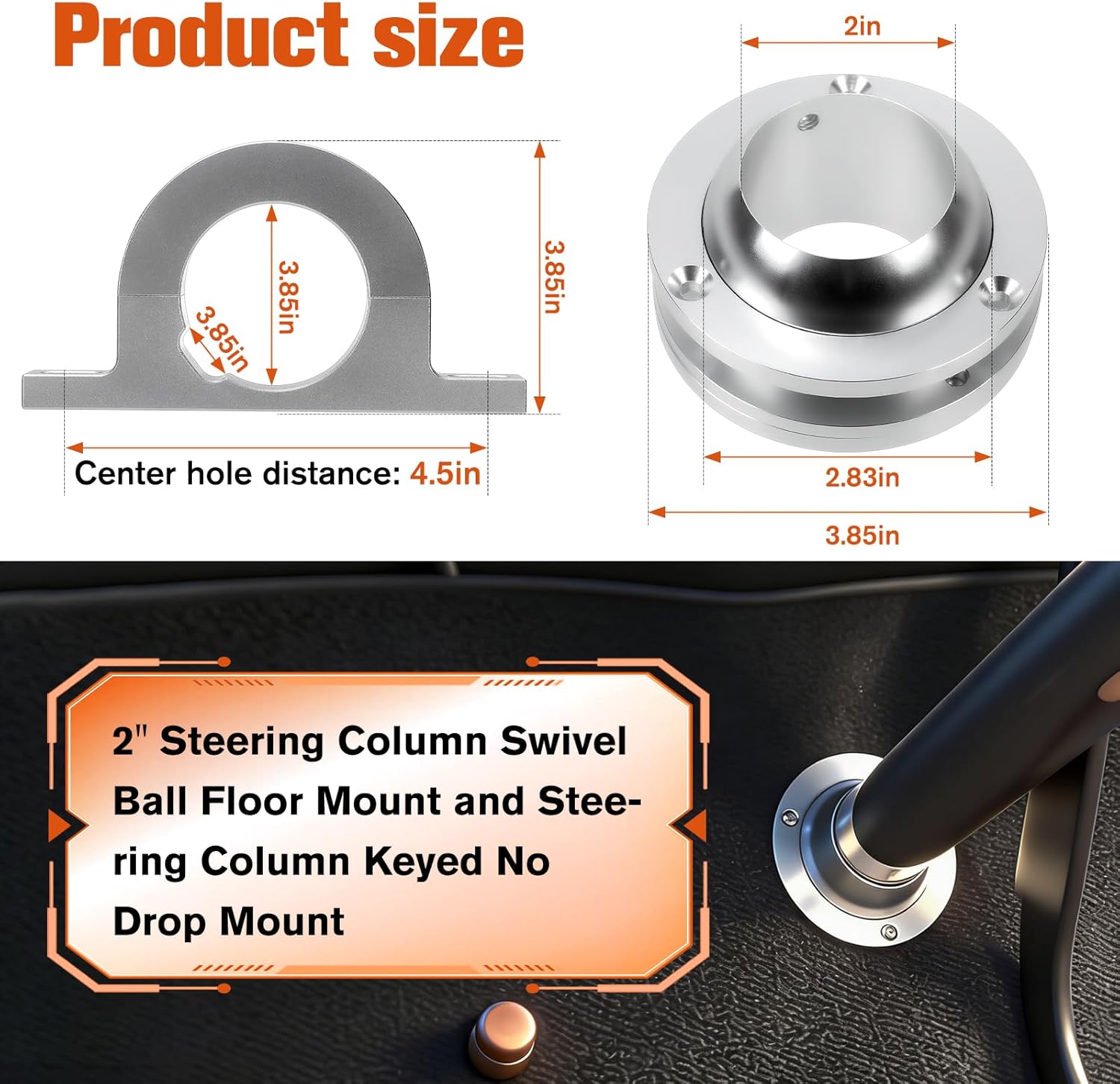 2" Swivel Base Floor Mount & 2" Column Polished Aluminum keyed Steering Column Mount Combo Compatible with Vehicles with 2" Diameter Steering Columns