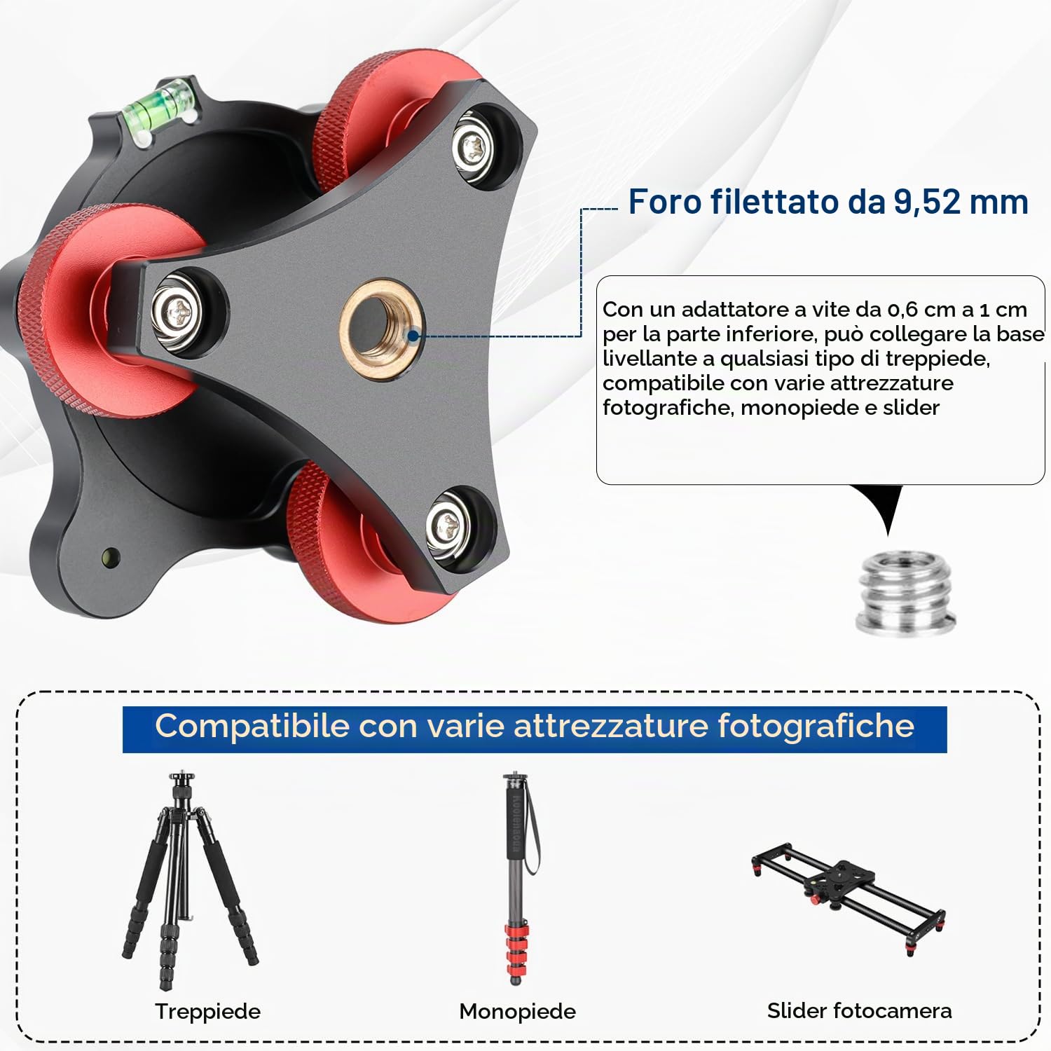 Koolehaoda Base di livellamento con livella a bolla e vite da 3/8", 3 quadranti con regolazione di precisione di +/-5 gradi, costruzione in lega di alluminio per treppiede per fotocamera