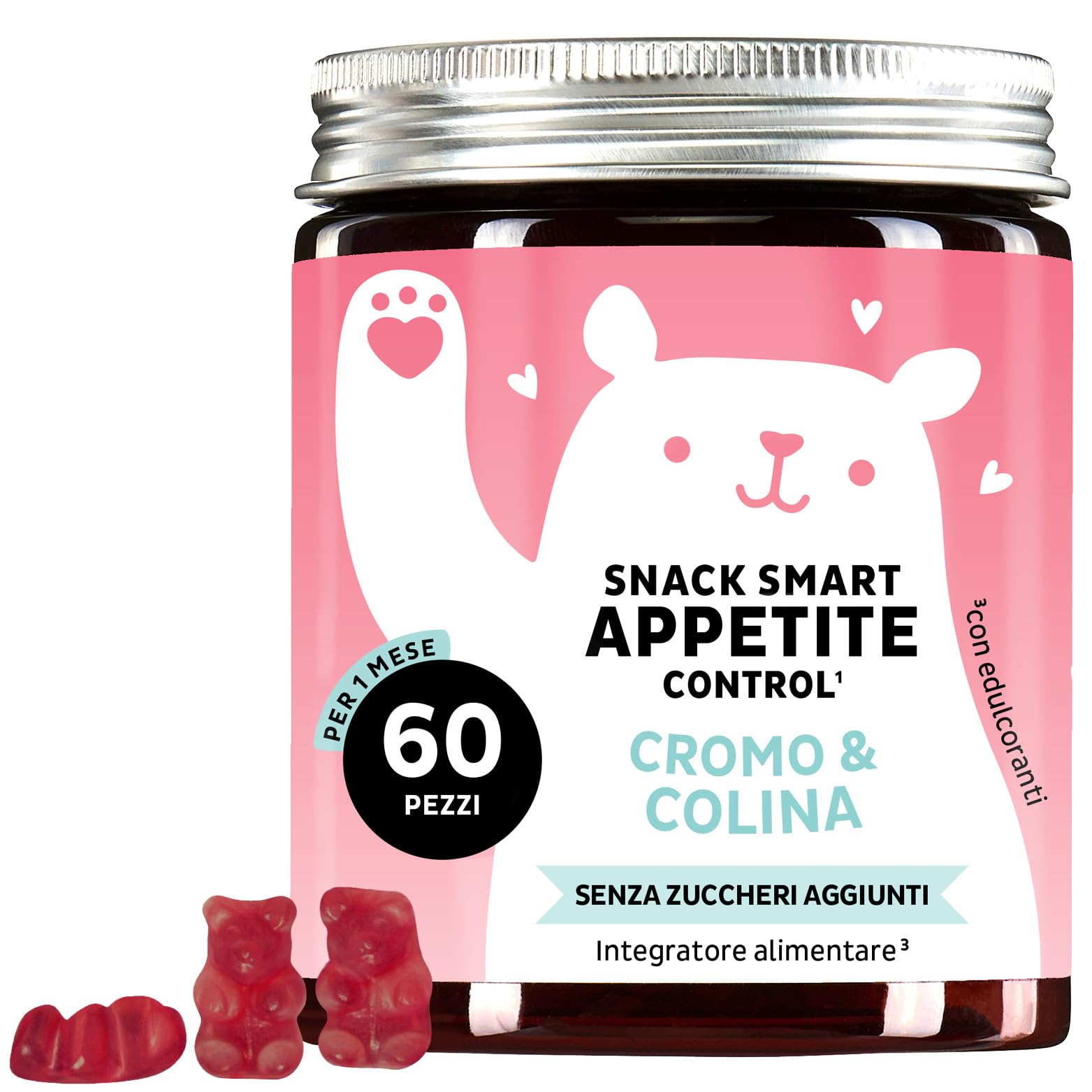 Snack Smart - Caramelle Gommose Controllo dell'Appetito - Multivitaminico, Con Cromo Picolinato e Colina - Senza Zuccheri Aggiunti, Vegano - 60 pezzi (1mese) - Bears with Benefits
