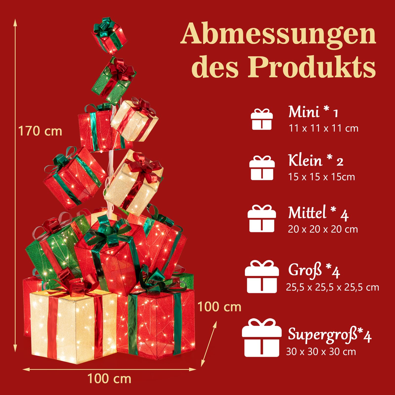 COSTWAY 170 cm große LED Geschenkboxen, 15 gestapelte Weihnacht Dekoboxen mit 450 warmweißen Lichtern, Metallsockel, beleuchtete Weihnachtenbox, Weihnachtsdeko für außen und innen