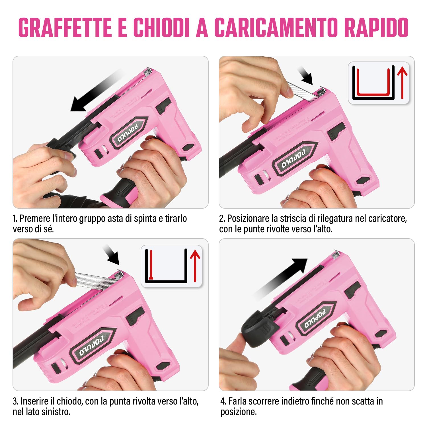 POPULO Pinzatrice elettrica 2 in 1, kit di chiodatrice elettrica senza fili, 4 V, a batteria, per tappezzeria, falegnameria, fai da te, con clip, levapunti, 1600 graffette e chiodi, rosa