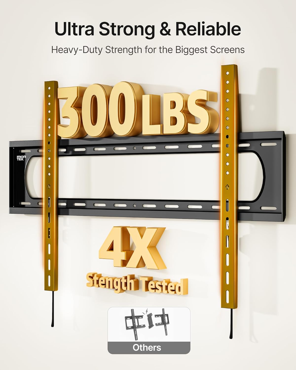 monTEK Heavy Duty Fixed TV Wall Mount Bracket for 60–120" Flat & Curved TVs up to 300lbs, 4× Load Tested, Ultra Slim 1.3" Low Profile, Max VESA 900x600, Quick-Release Lock, Fits 16"/18"/24" Wood Studs