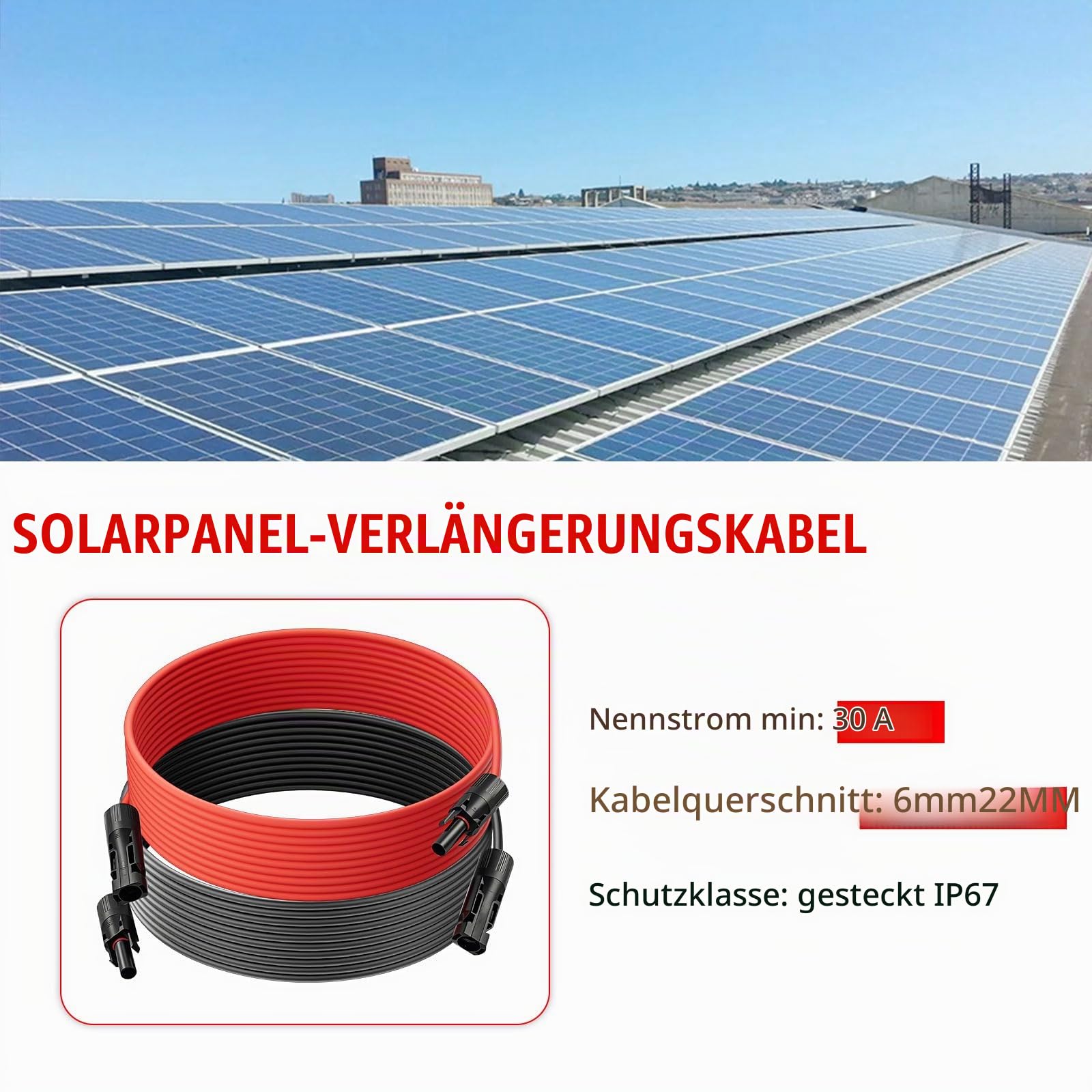Solarkabel6mm²/ Verlängerung 20M – UV-beständig, TUV, VDE Zertifiziert, mit Solarsteckern, für Photovoltaikanlagen (Rot/Schwarz)(4mm²2M) (6mm²/20m)
