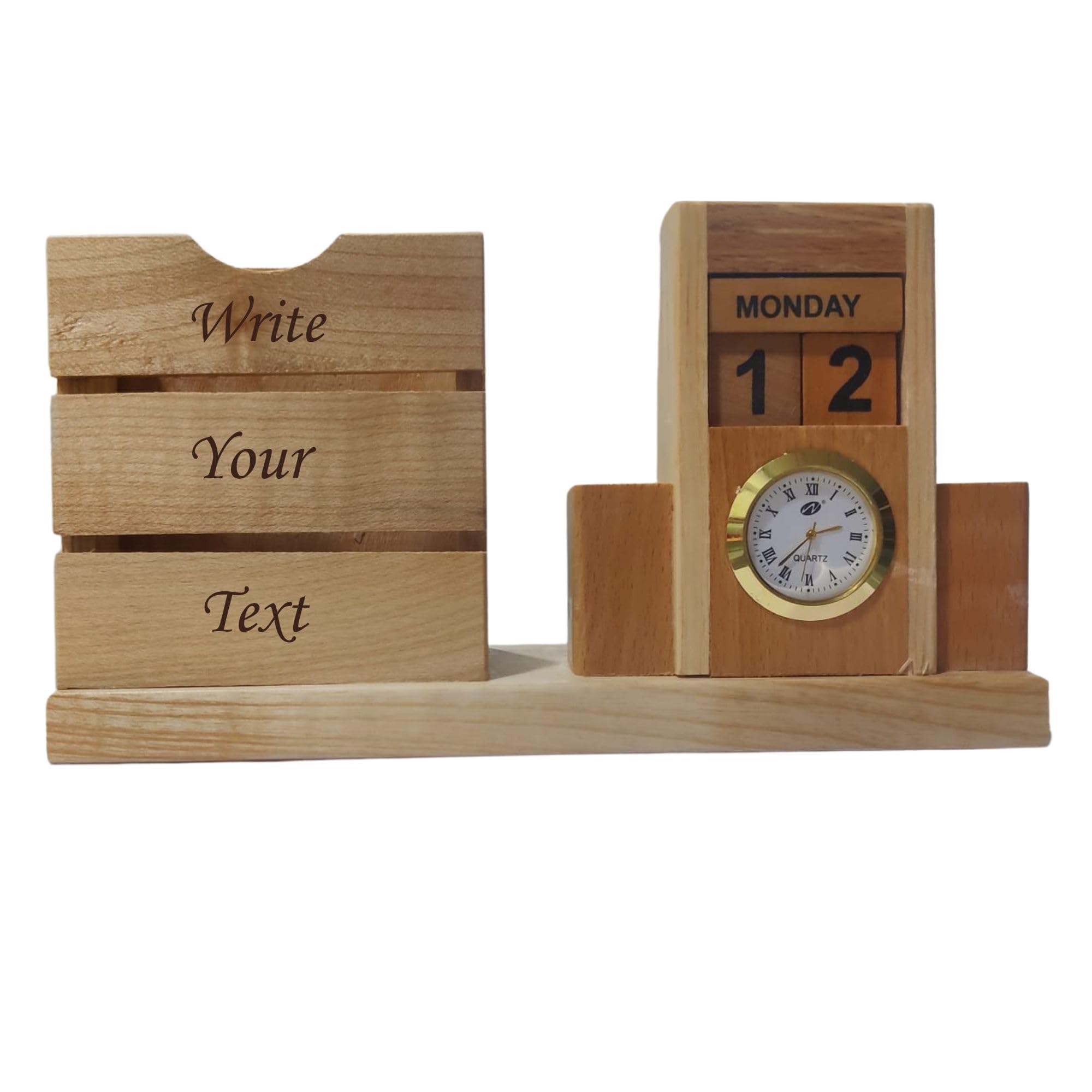 SHAYONA Wooden Desk Organizer with Perpetual Calendar, Clock, Phone Holder, Pen Stand & Drawers β Customizable Office Accessory & Gift for Professionals 2