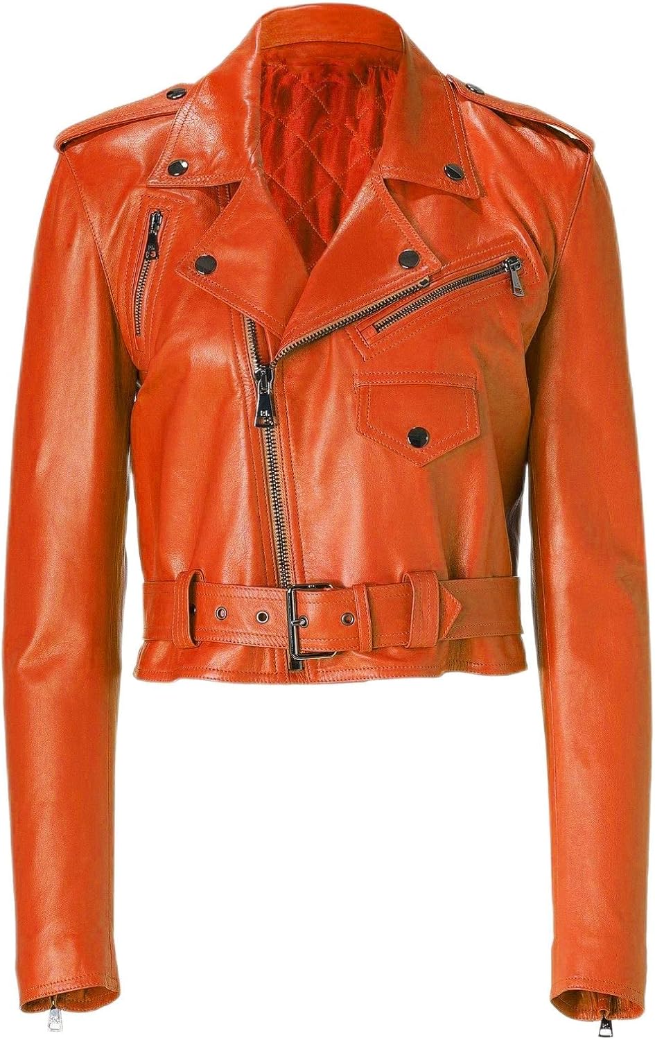 Women's Genuine Lambskin Real Leather Slim fit Biker Cropped Leather Jacket