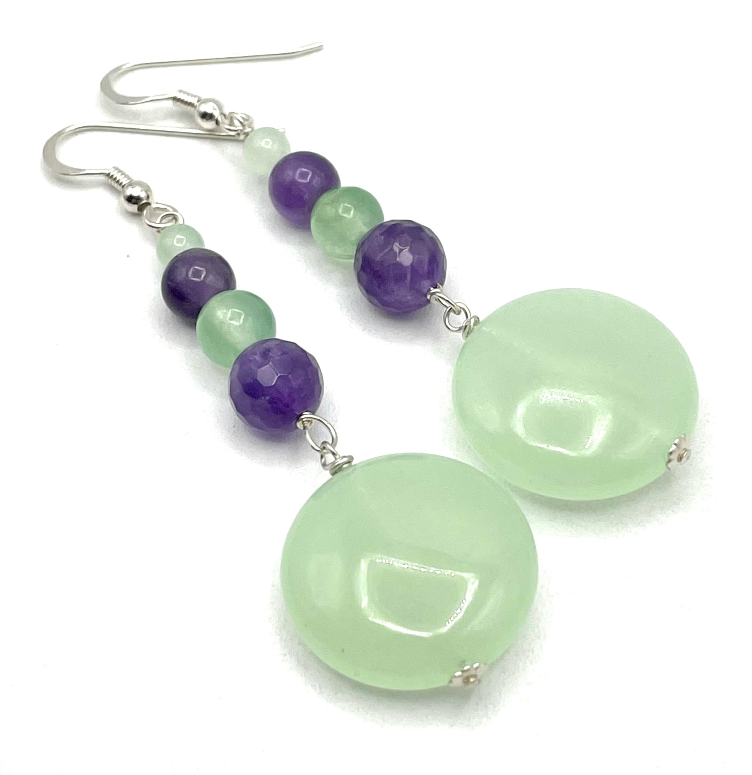 Orecchini Giada Verde e Ametista Viola, Pendenti in Argento 925, Gioielli Pietre Dure, Bijoux Estate, Regalo per Lei