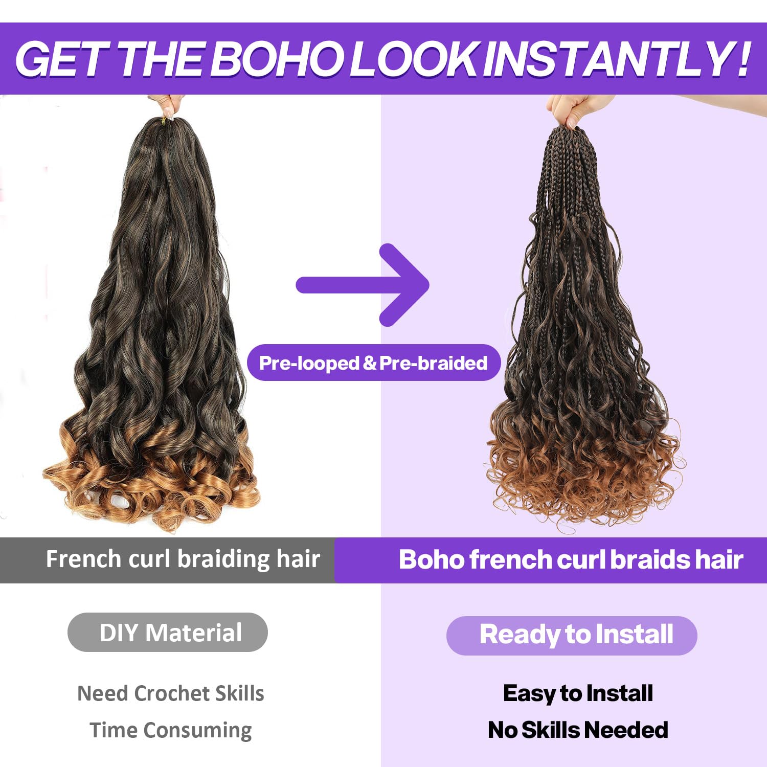 8Pack French Curl Braids 24inch Pre-Looped - Soft Boho french curl Crochet Hair for Black Women, 40mm Root & 25mm End Curls, Goddess Box Style hair Extensions（T1B/30 24inch (Pack of 8)）