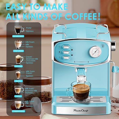 Miniatura 8 de Máquina de café expreso de 20 barras para el hogar, cafetera compacta profesional con espumador de leche, varita de vapor, manómetro y tanque de