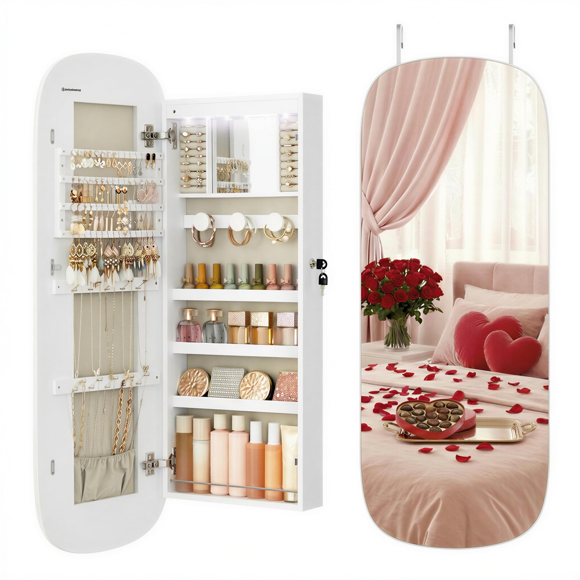 LED Mirror With Storage, Jewellery Cabinet Wall/Door Mounted, Lockable Rounded Wide Cabinet, Interior Mirror, 10 x 42 x 108 cm, White Surface With Greige Lining JJC026W01