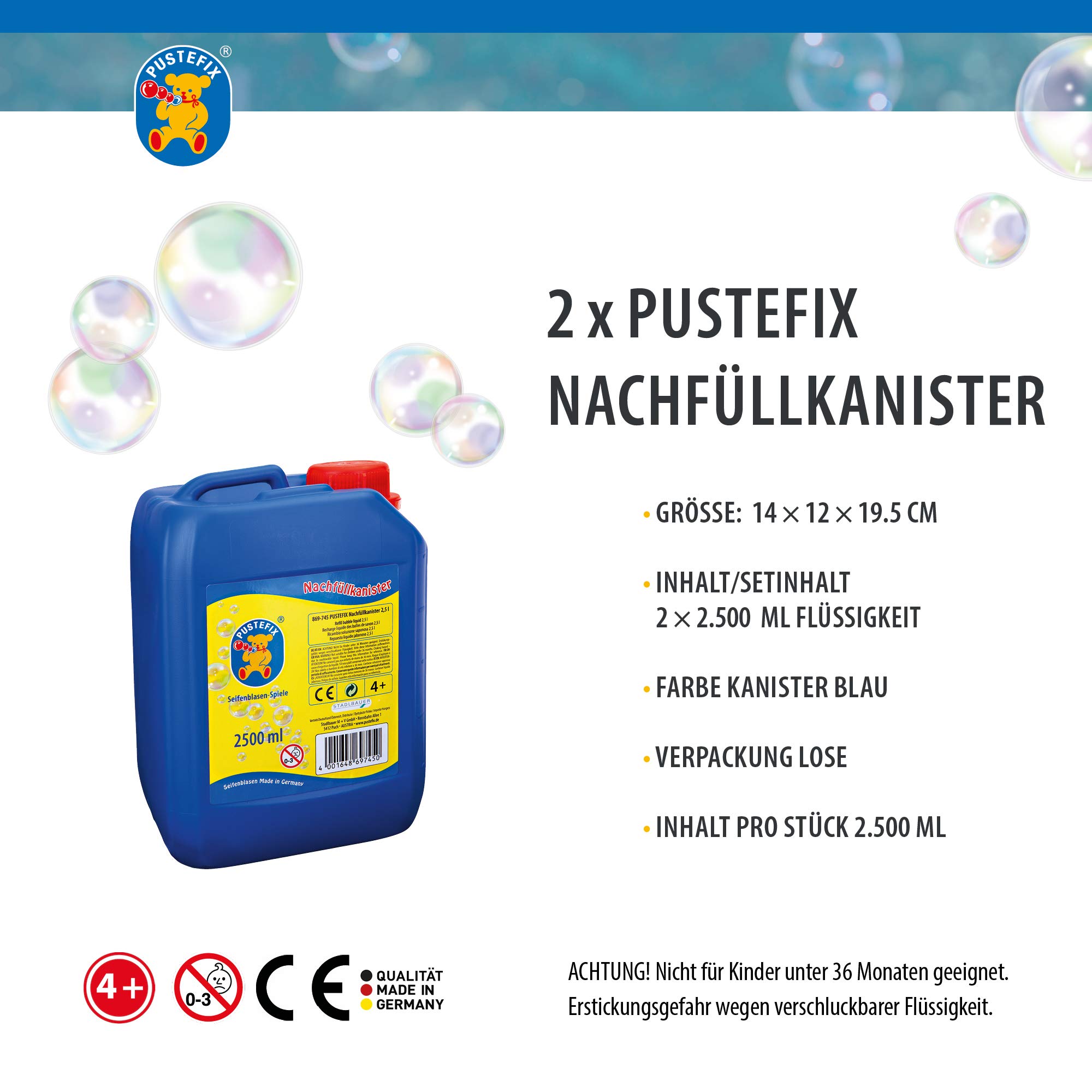 PUSTEFIX Bolle colorate prodotte in Germania, 2 x 2,5 l, per matrimoni, compleanni dei bambini, feste estive, bolle di sapone colorate per bambini e adulti