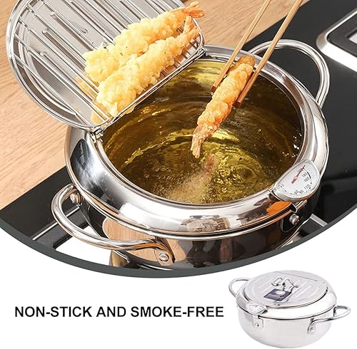 Miniatura 5 de Hemoton Olla con cesta Freidora de acero inoxidable Freidora de cocina Tempura Freidora Tempura Freidora Olla Sartén Colador Utensilios de cocina