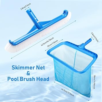 Pool Skimmer Net & Pool Brush Head Kit, Heavy Duty Pond Leaf Net Fine Mesh Pool Leaf Skimmer Deep Rake Net with Reinforced Frame, Professional Pool Brushes with EZ-Clip for Cleaning Pool Walls Floors