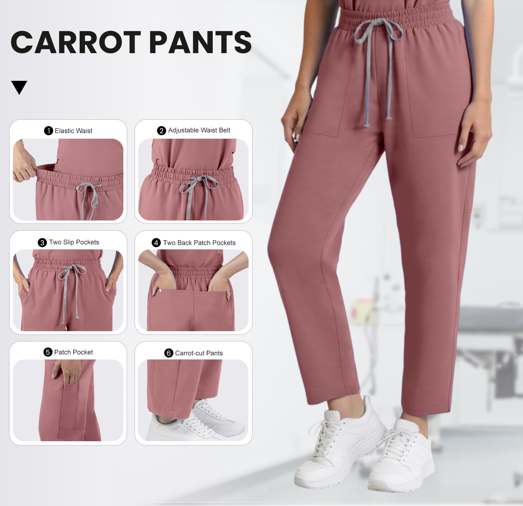 Set di scrub medico da donna, con scollo a V, a maniche corte, con elastico in vita, con coulisse, abbigliamento medico da lavoro con tasche multiple