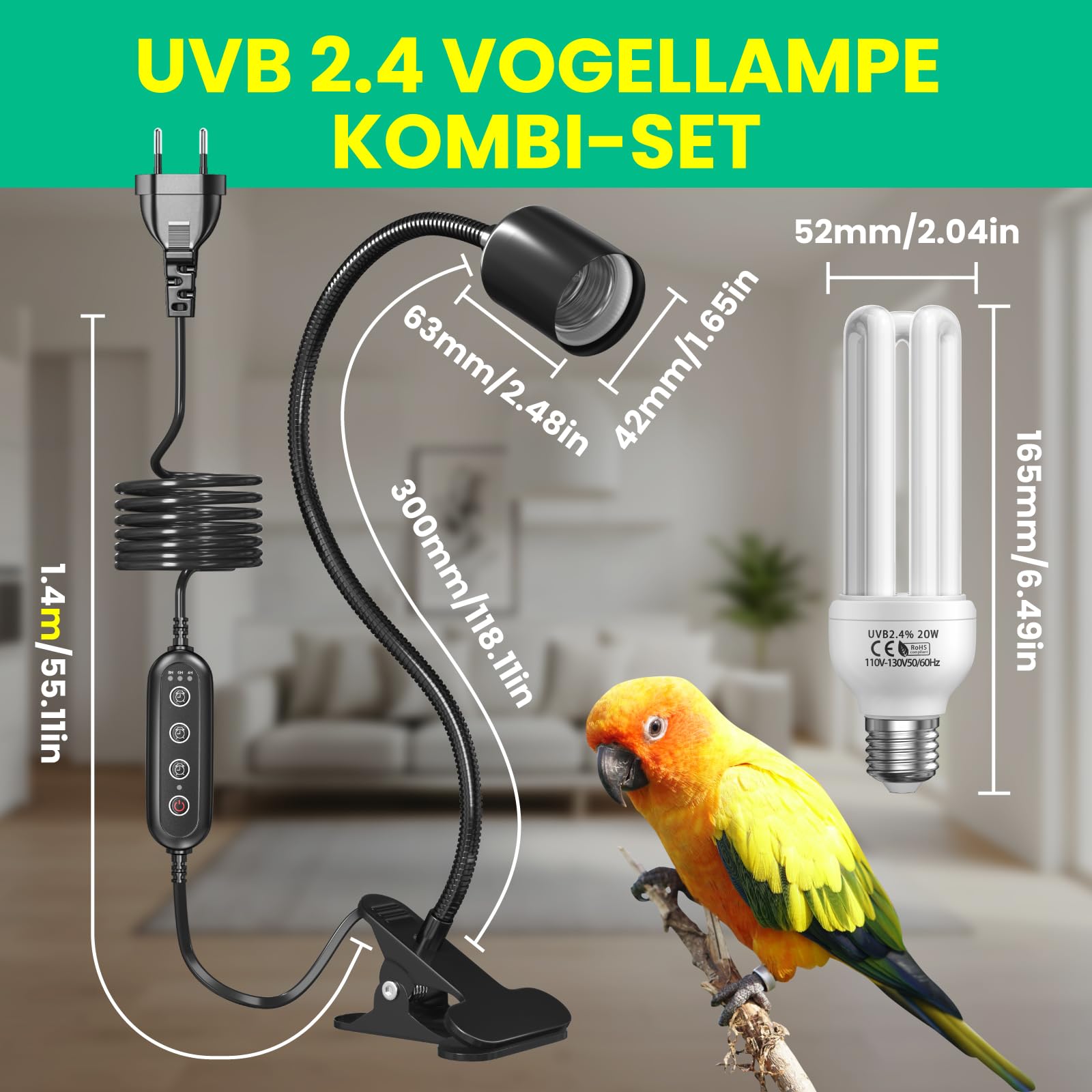 GlowUp UVB 2.4 Vogellampe mit Zeitschaltuhr, Klemmlampe mit 20W UVB 2.4 Glühbirne E27 UVB Licht Kombi Set für Vogel mit Timer