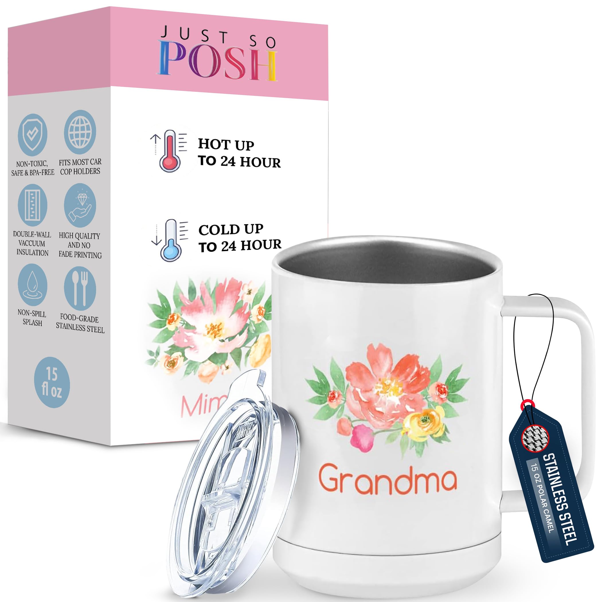 Just So Posh Personalized Grandma Flowers Tumbler, Coffee Mug with Handle and Slider Lid, White 15 oz Polar Camel, Stainless Steel, Vacuum Insulated