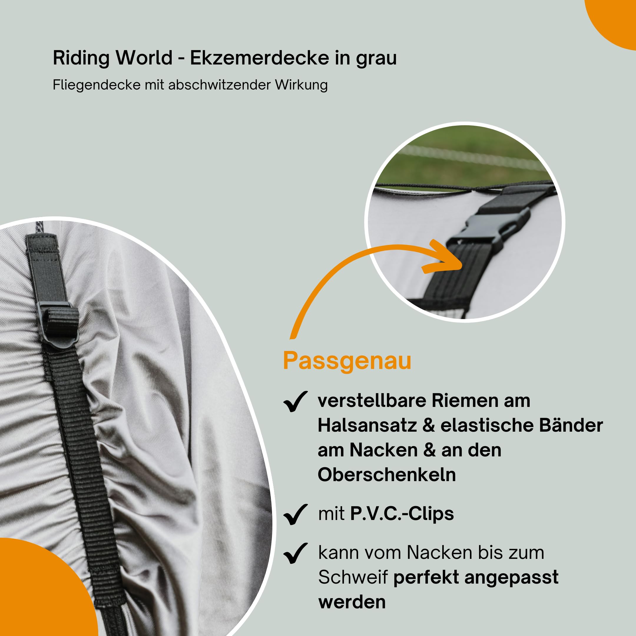 Riding World - Ekzemerdecke | Fliegendecke mit abschwitzender Wirkung | Pferdedecke mit Bauchlatz & verstellbaren Riemen & Bändern | Abschwitzdecke Pferd & Pony | Stalldecke in Grau | 145 cm