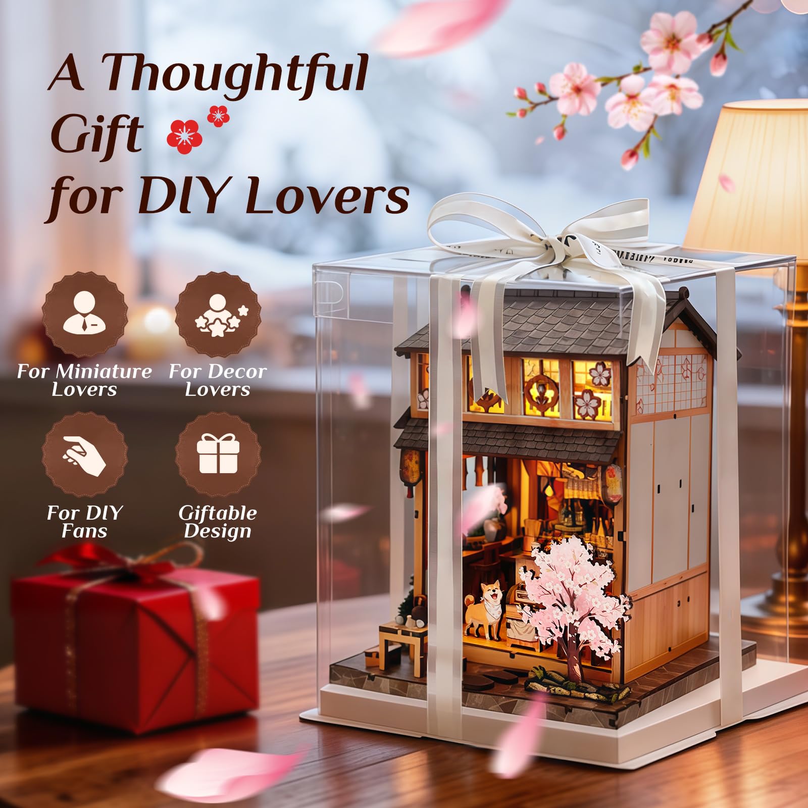 Tecnock DIY Miniaturhaus Bausatz für Erwachsene & Jugendliche, Sakura Izakaya mit Touch-Licht, Book Nook Deko, 3D Holzpuzzle Geschenk für Japan-Fans (Sakura-Izakaya)