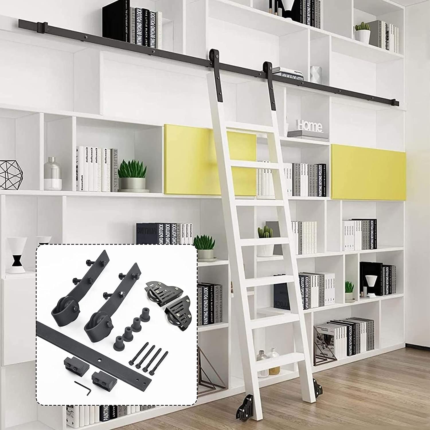 Zestaw do drzwi przesuwnych do stodoły Biblioteka sprzętu do drabiny na kółkach o długości 5 stóp-13 stóp Zestaw sprzętu do drabiny przesuwnej z rolkami podłogowymi (bez drabiny) Ruchomy tor drabinowy