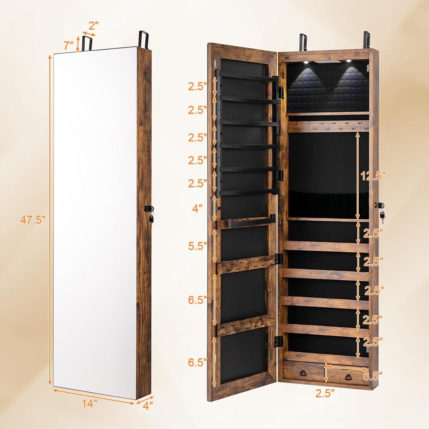 NAFORT 2 LEDs Full Length Mirror with Jewelry Armoire, Jewelry Organizers and Storage with 2 Mounting Options, 47.5”H Jewelry Cabinet with 2 Drawers, Make up & Lockable Jewelry Box, Rustic Brown