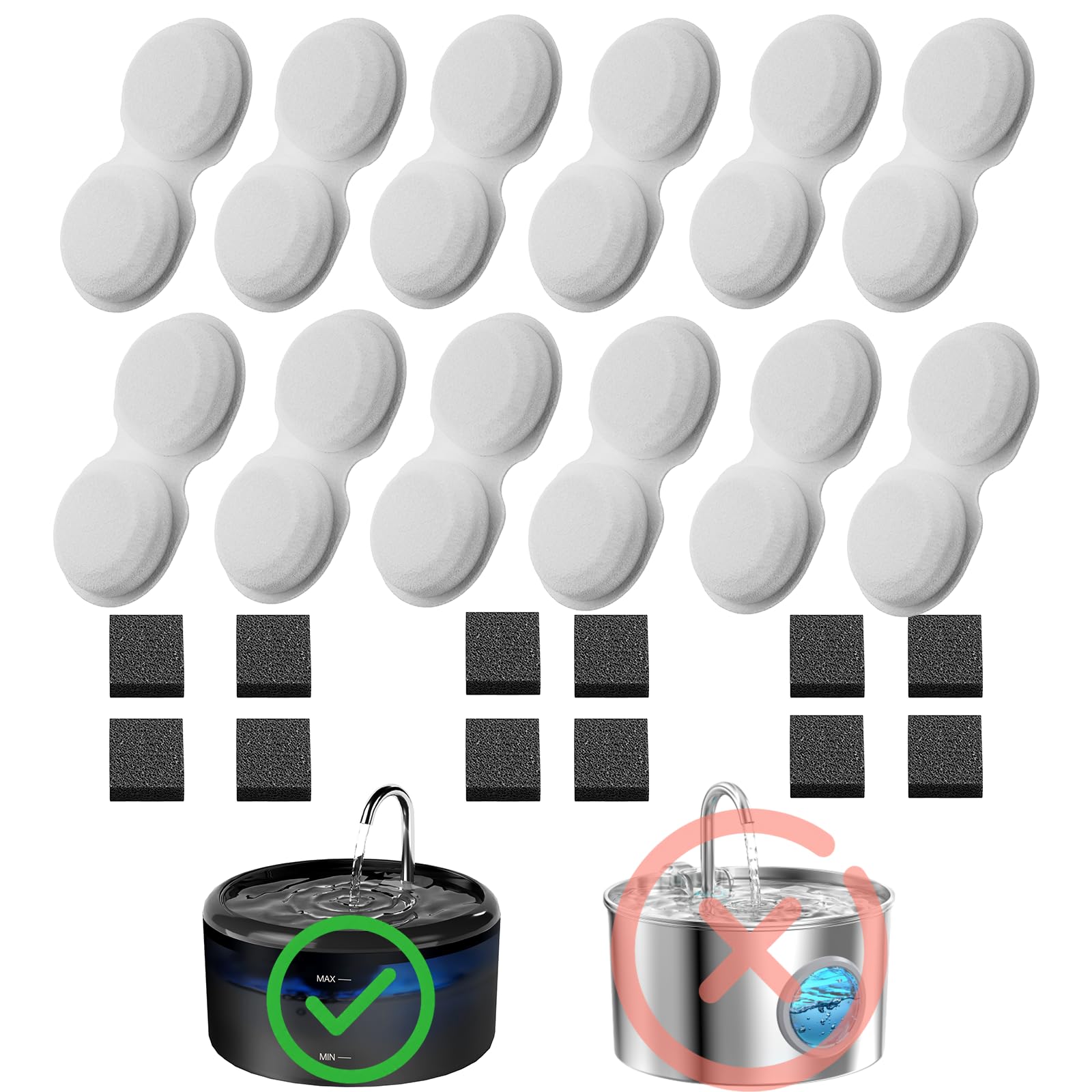 VOUAAOOD Filtros de fuente para gatos: 24 filtros de fuente de agua para mascotas, 12 filtros de carbono + 12 filtros de esponjas adecuados para fuente de gato H6 para beber – Kit de uso de 6 meses